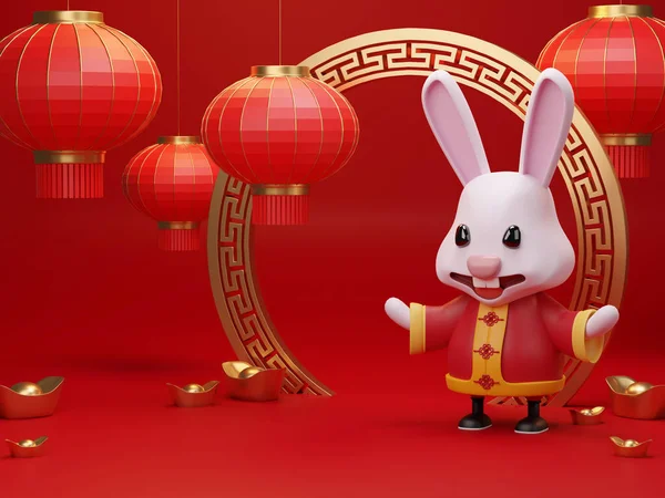 3d illustration of cute rabbits for Happy chinese new year 2023 year of the rabbit zodiac sign with flower,lantern,asian elements gold on color Background. (Translation : Happy new year)