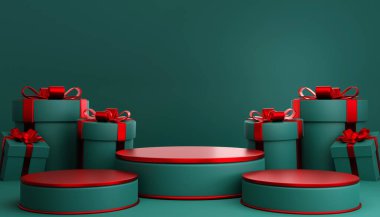 Noel Baba ve Noel ağacı, hediye kutuları, kurdele, ürün, parfüm, tanıtım, sunum, arka plan rengi kozmetik. .