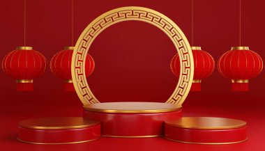 Podyum, yuvarlak sahne podyumu ve kağıttan sanat eserleri, Çin 'in yeni yılı, Çin sezonunun sonbahar ortası festivali, kırmızı kağıt kesiği, çiçek ve arka planda Asya unsurları..