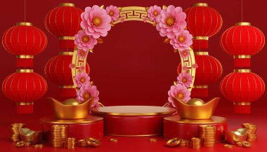 Podyum, yuvarlak sahne podyumu ve kağıttan sanat eserleri, Çin 'in yeni yılı, Çin sezonunun sonbahar ortası festivali, kırmızı kağıt kesiği, çiçek ve arka planda Asya unsurları..