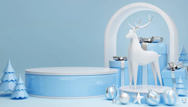Render Zylinder Podium Weihnachtsmann Und Weihnachtsbaum Geschenkboxen Schleife Produkt Parfüm — Stockfoto