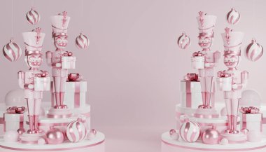 Noel Baba ve Noel ağacı, hediye kutuları, kurdele, ürün, parfüm, tanıtım, sunum, arka plan rengi kozmetik. .