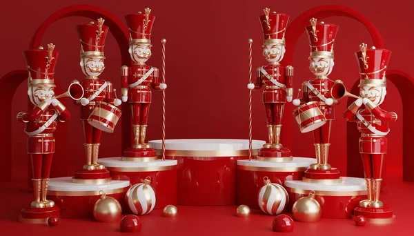 Render Zylinder Podium Weihnachtsmann Und Weihnachtsbaum Geschenkboxen Schleife Produkt Parfüm — Stockfoto