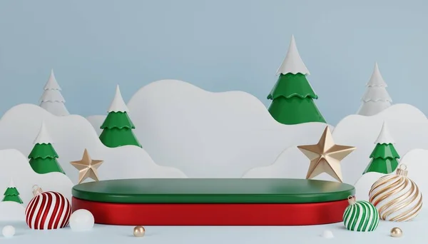 Render Zylinder Podium Weihnachtsmann Und Weihnachtsbaum Geschenkboxen Schleife Produkt Parfüm — Stockfoto
