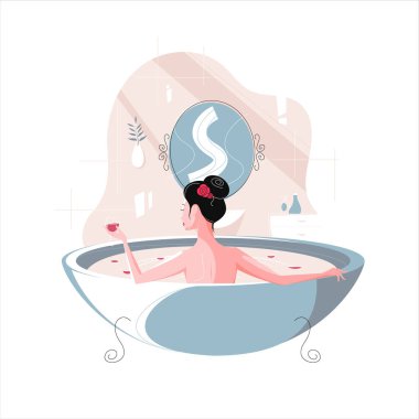 Güzel bir kadın gül yapraklarıyla banyo yapıyor. Kız banyoda su işleminden zevk alıyor ve şarap içiyor..