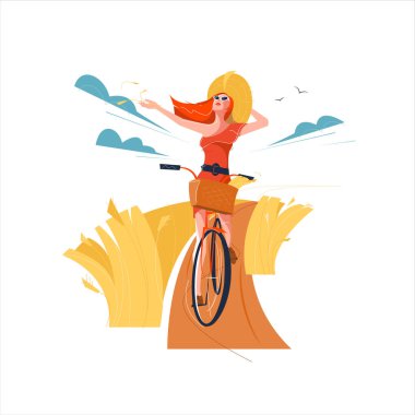 Bir kadın bisiklet sürerken arka planda güzel bir manzara çizimi yapar. Mutlu kızıl saçlı bir kız bisiklet sürüyor buğday tarlasında.