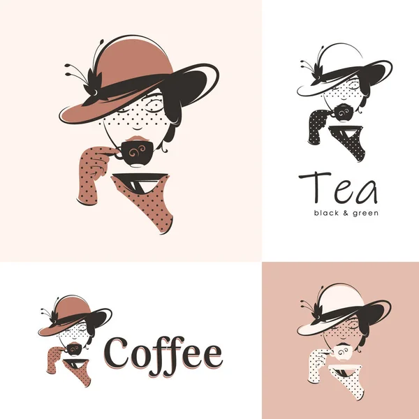 A woman in an elegant hat drinks coffee or tea. Retro style vector illustration. Logo options.