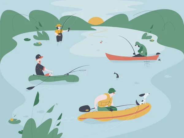 一些在船上的渔民正在湖上或河里钓鱼 鱼类捕猎媒介说明 — 图库矢量图片