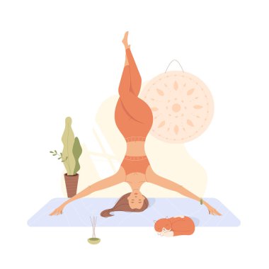 Bir kadın evde uyuyan bir kedinin yanında yoga amuda kalkıyor. Kız ve mandala 'nın vektör çizimi, modaya uygun düz stil.