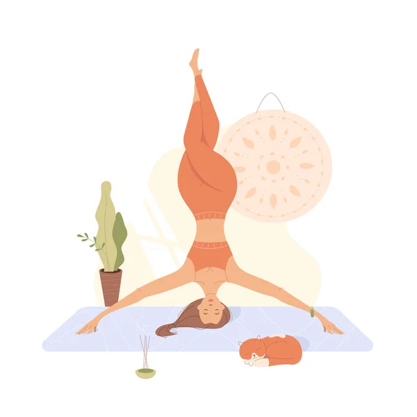 Woman Practices Yoga Headstand Balance Home Next Sleeping Cat Vector — 스톡 벡터