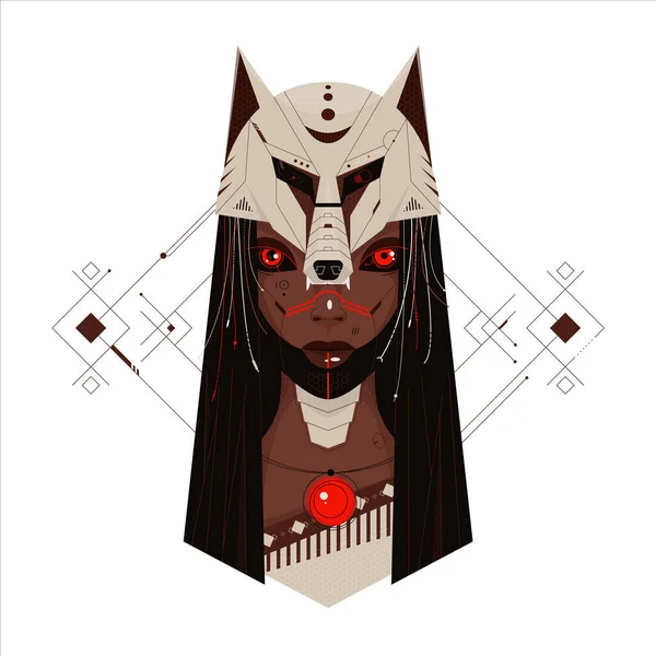 Cyberpunk Girl Wolf Headdress Mask Her Head Black African Native — Wektor stockowy