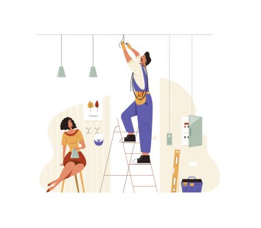 Electrician services flat vector illustration. A man helps a woman install lights and wiring in the house. 