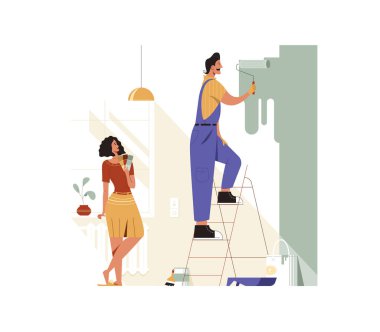 Decorator services flat vector illustration. Painter man painting white wall with roller. Woman chooses a color.