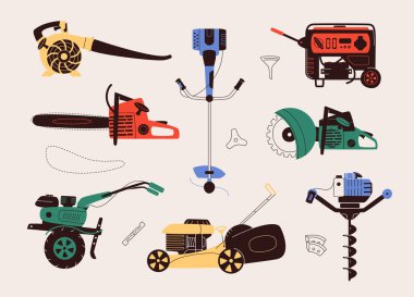 Flat design vector illustration of power petrol hand tools. Set includes icons of leaf blower, chainsaw, walk-behind tractor, brush cutter, lawn mower, gas portable generator, petrol saw, gas drill and tooling.