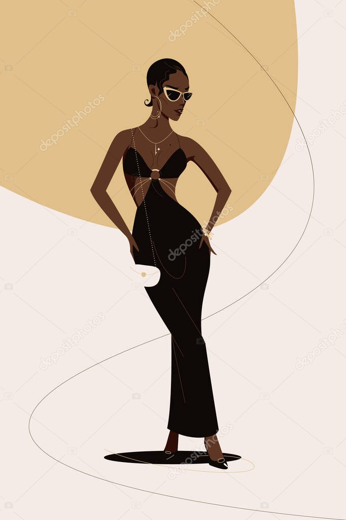 Elegant African american woman posing in a black dress and gold jewelry. Fashion and beauty flat vector illustration on abstract background. 
