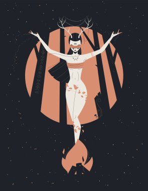 Blindfolded witch woman is performing magic dark ritual or rite near fire in the sacred forest in the light of the full moon at night. Witchcraft flat vector illustration. 