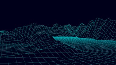 Soyut dijital neon ızgara manzara arkaplanı. Fütürist retro dağların arka planı. Büyük veri görselleştirmesi. Web sitesi ve afiş tasarımı için. Vektör illüstrasyonu.