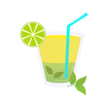 Beyaz arkaplanda vektör mojito çizimi. Nane ve limonlu taze yaz kokteyli. Tasarım menüsü, posterler, web siteleri, kafe broşürleri, afişler, bar için.