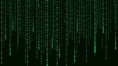 Koyu arkaplanda yeşil matris, farklı sayılar ve ışık var. Büyük veri görselleştirmesi. Dijital doku arkaplanı. Vektör illüstrasyonu.