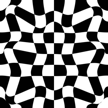 Soyut siyah-beyaz satranç konsepti 3 boyutlu arka plan. İllüzyon etkisiyle dalga deseni. Çeşitli spor ve yarışlar için ırk bayrağı. Vektör illüstrasyonu.