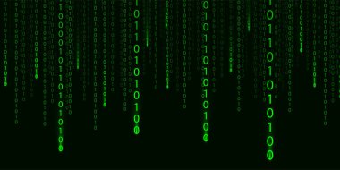 Koyu arkaplanda yeşil matris, farklı sayılar ve ışık var. Büyük veri görselleştirmesi. Dijital doku arkaplanı. Vektör illüstrasyonu.