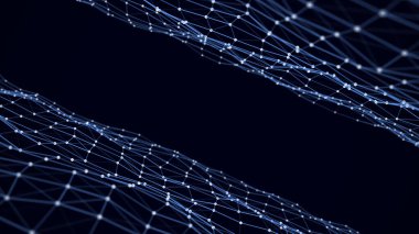 Ağ bağlantısı teknolojisi. Noktalı ve çizgili soyut koyu mavi arkaplan. Dijital fütüristik fon. Büyük veri görselleştirmesi. 3B görüntüleme.
