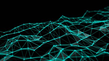 Karanlık zemin üzerinde noktalar, çizgiler ve üçgenler olan dijital dalga. Ağ bağlantısının gelecekteki soyut yapısı. Büyük veri görselleştirmesi.