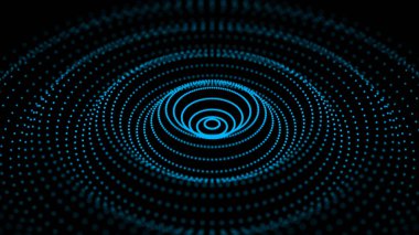 Digital vibration and sound wave. Circle pulse wave with points and particles on the dark background. 3D rendering.