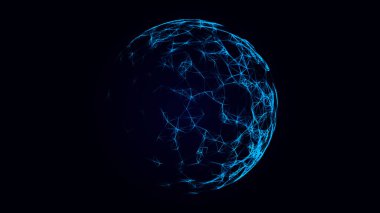 Dünya şeklindeki soyut çizgiler birbirine bağlanır. Uçan mavi enkazlı ağ küresi. Ağın küresel dijital fütüristik teknolojisi. 3d oluşturma.