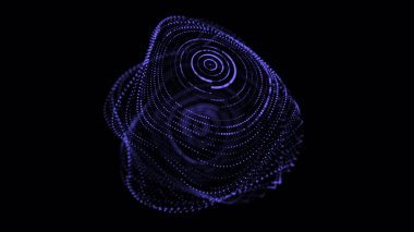 Karanlık arkaplandaki noktaların soyut küreleri. Noktaların ve bağlantıların dijital titreşimleri. 3B görüntüleme.