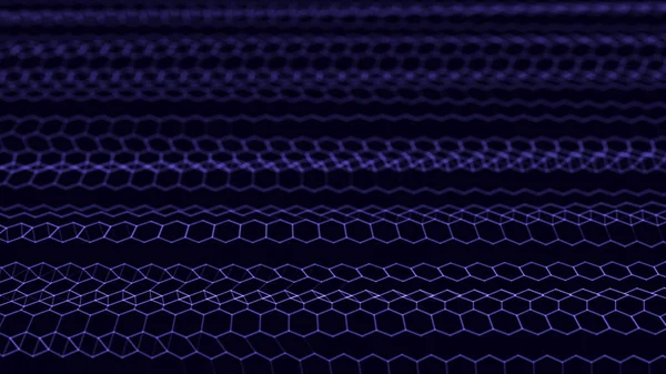 Digital wave of hexagons on a dark background. Futuristic abstract network connection structure. Visualization of big data. Pattern. 3D rendering.