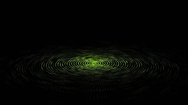 Digital vibration and sound, flat plate. Circle flatness rings with points and particles on the dark background. 3D rendering.