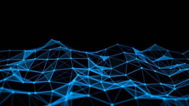 Karanlık zemin üzerinde noktalar, çizgiler ve üçgenler olan dijital dalga. Ağ bağlantısının gelecekteki soyut yapısı. Büyük veri görselleştirmesi. 3B görüntüleme.