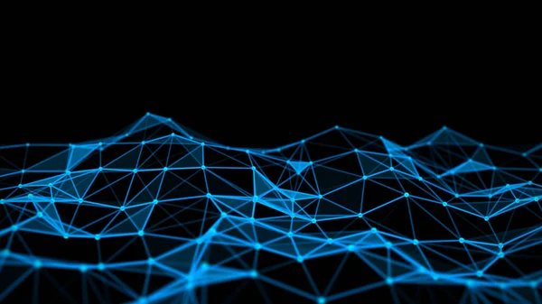 Karanlık zemin üzerinde noktalar, çizgiler ve üçgenler olan dijital dalga. Ağ bağlantısının gelecekteki soyut yapısı. Büyük veri görselleştirmesi. 3B görüntüleme.