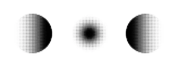 ハーフトーン効果を持つ幾何学的なドットのセット 黒と白の斑点を持つ曲線のグラデーションパターン 白い背景に孤立した抽象的な要素 — ストックベクタ