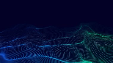 Koyu mavi arka planda noktaları olan dijital eğimli dalga. Ağ bağlantısının gelecekteki soyut yapısı. Büyük veri görselleştirmesi. 3B görüntüleme.