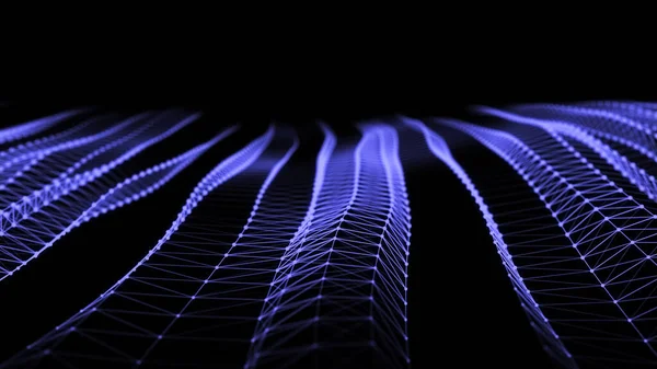 Digital wave with dots and lines on the dark background. The futuristic abstract structure of network connection. Big data visualization. 3D rendering.