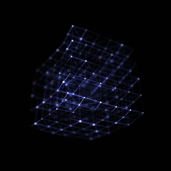 以立方体形状连接的抽象线 带着飞溅的碎片的网状广场 全球数字未来技术的网络 3D渲染 — 图库照片