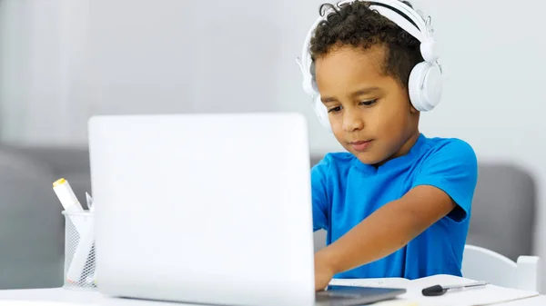 Cute Little African American Boy Studying Laptop Headphones Remotely Home — Photo