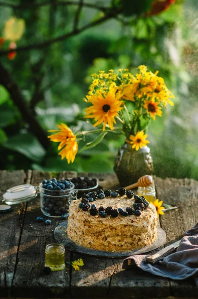 Gâteau Miel Fait Maison Avec Pruneaux Sur Une Table Bois — Photo