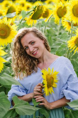 Ayçiçeği tarlasında güzel bir genç kadın. Sarı kıvırcık saçlı, mavi bluz ve etekli bir kadın..