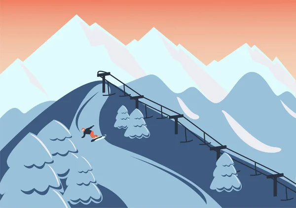 Snowboard Las Montañas Atardecer Ilustración Vectorial Dibujada Mano Estilo Plano — Archivo Imágenes Vectoriales