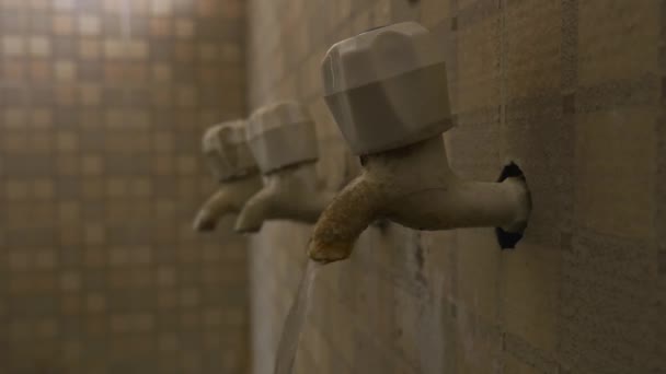 Wasser Aus Altem Wasserhahn Waschraum Mit Symmetrischen Wasserhähnen Dahinter — Stockvideo