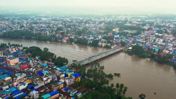 Aerial View Small Town Road Bridge Overflowing River Monsoon India — 图库视频影像