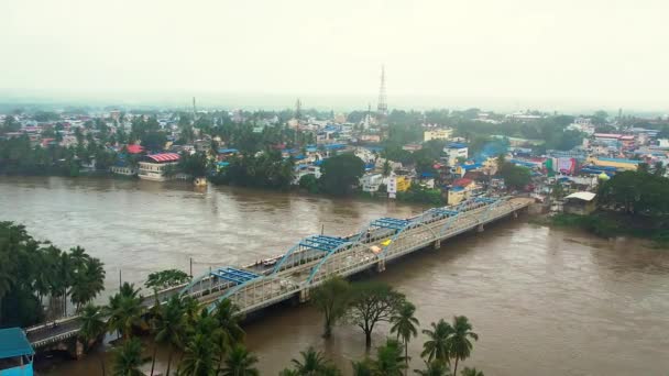 Aerial View Steel Road Bridge Flooded River Cloudy Day — Vídeo de Stock