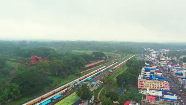 Birds Eye View Indian Train Arriving Small Town Station Cloudy — Wideo stockowe