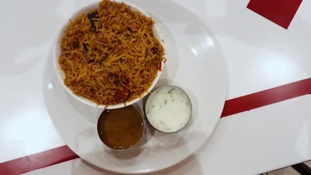 Unique Indian Food Chicken Biriyani Served Bowl Curd Curry Most — Stock video