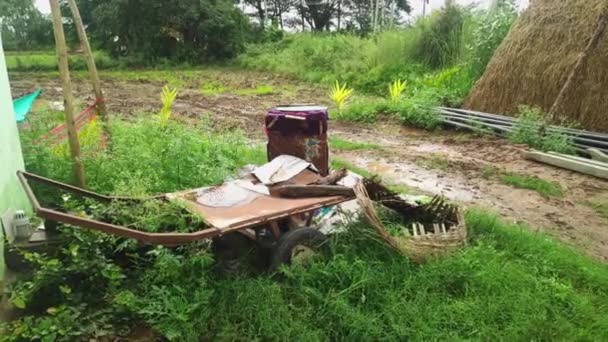 在印度村庄的雨季 一辆破旧的小推车在农家院里生锈 — 图库视频影像