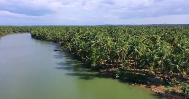 Une Vue Aérienne Grande Rivière Petit Bateau Déplaçant Sur Coin — Video