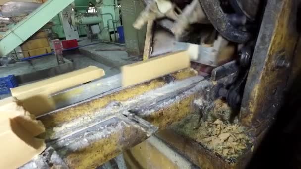 Bir Sabun Fabrikası Taşıyıcı Bant Sabun Bloğu Keskin Bıçaklarla Küçük — Stok video